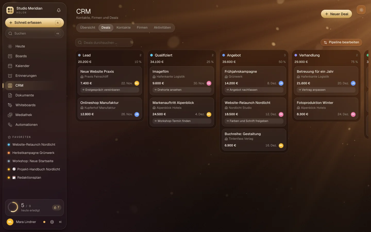 Die Deal-Pipeline im CRM mit den Phasen Lead, Qualifiziert, Angebot und Verhandlung.